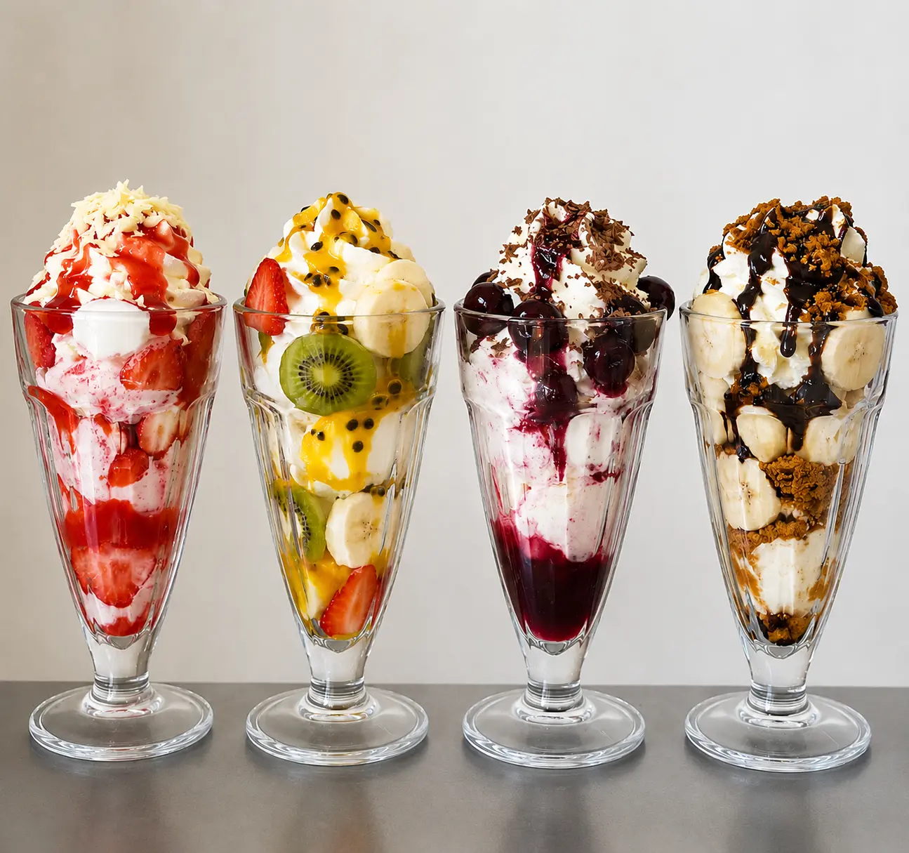 Fyra glassbägare med sundae