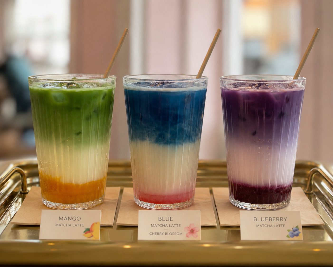 Matcha latte i tre smaker, mango, blue och blueberry, på Fika & Relax Lounge