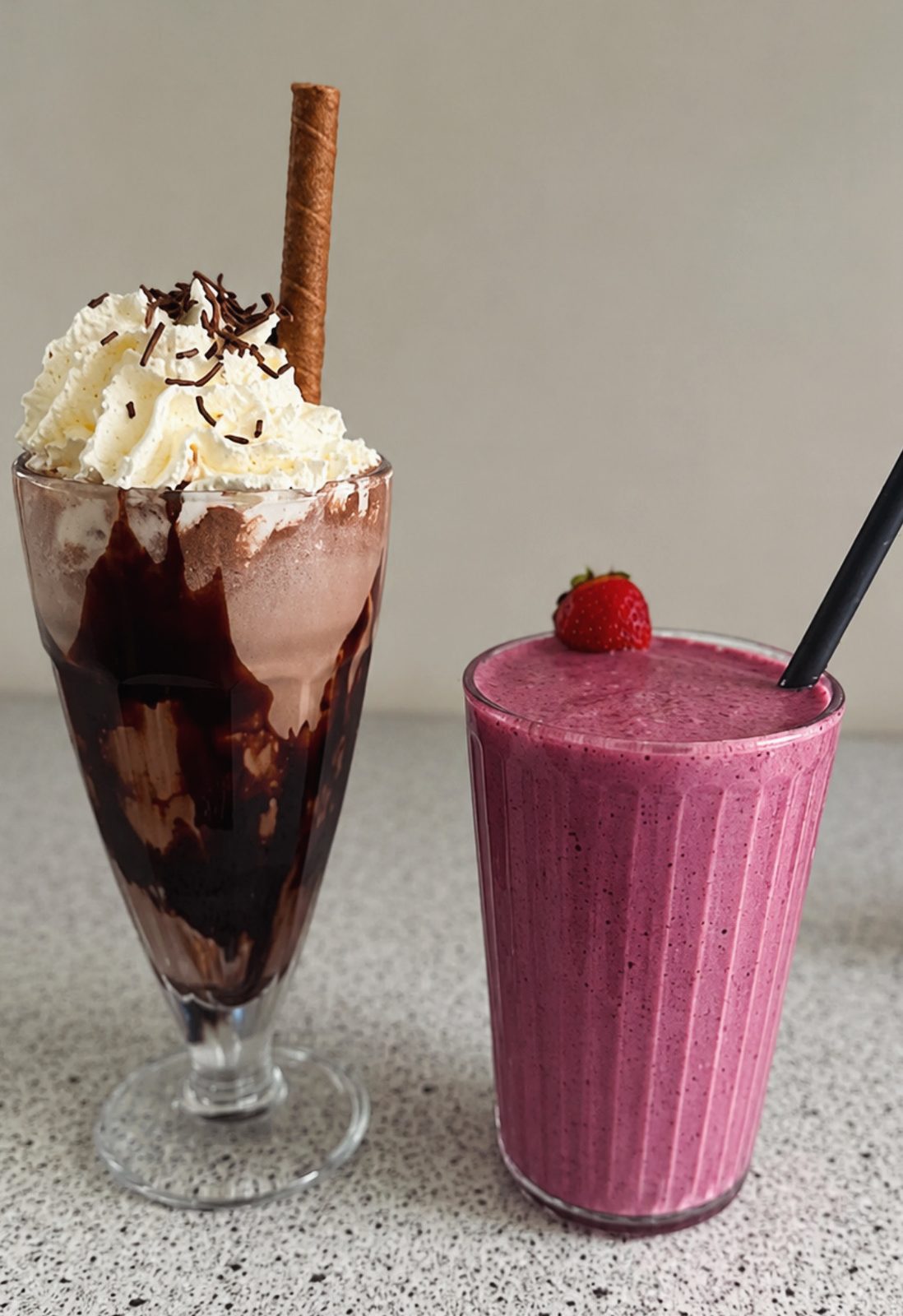 Chokladmilkshake med grädde och bärsmoothie på Fika & Relax Lounge