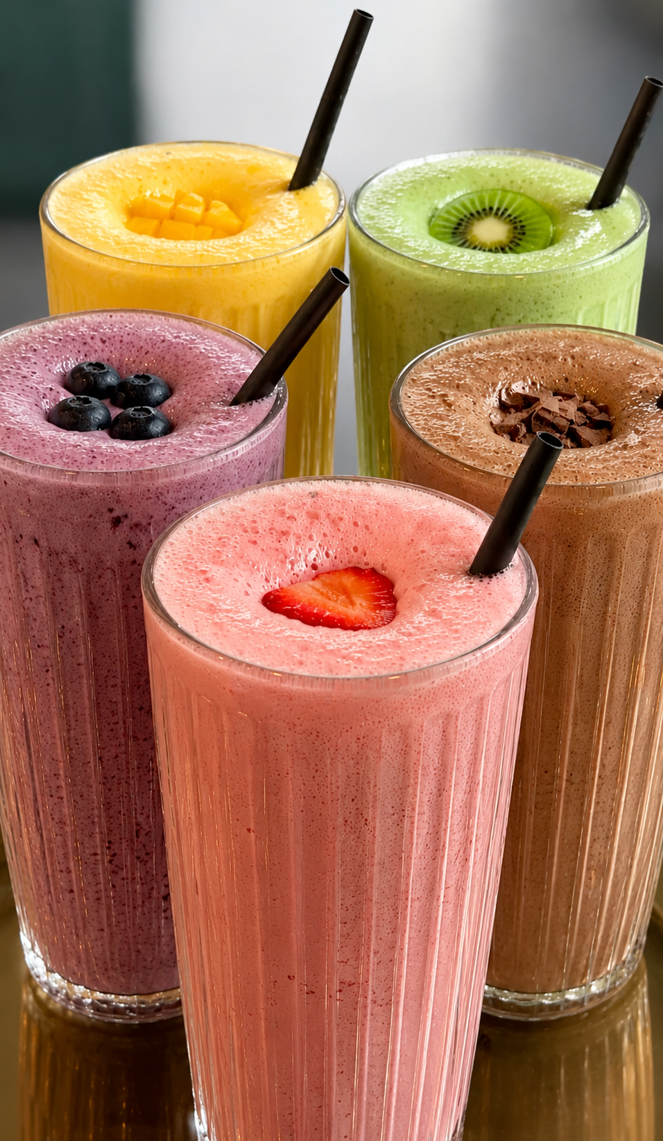 Fem smoothies och milkshakes i glas med mango, kiwi, blåbär, choklad och jordgubb